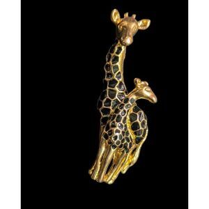 Gold-Tone Mother & Baby Giraffe Enamel Pin Brooch Vintage 2.25" Black/Gold Beaut